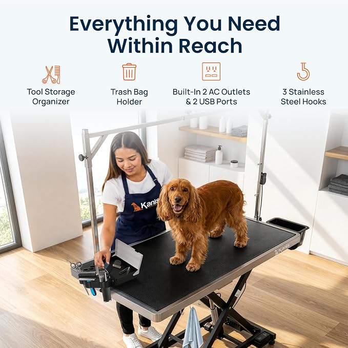 Professional Electric Dog Grooming Table - Heavy Duty | Height Adjustable Pet Grooming Table w/Leveling Wheels, Dog Grooming Arm, Anti-Slip Tabletop & Tool Organizer (Black, 60")