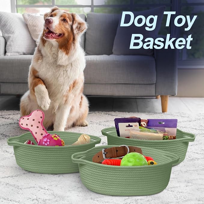 Green Woven Basket, 13" x 9" x 5" Baskets for Gifts Empty, Cute Cotton Rope Cat Dog Toy Bin Box, Small Woven Bin for Organizing, Green Room Decor, Nursery Baby Cloth Diaper Storage Organizer
