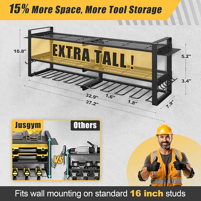 Power Tool Organizer Wall Mount, 350LBS Capacity, 3 Tier, 8 Drill Holders | 3-Tube Reinforced Design, Holds 50+ Tools, Cordless Tool Organizer, Rust Resistant, Quick Assembly, Garage Gift for Men