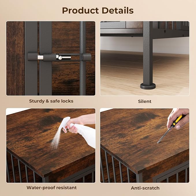 40" Dog Crate Furniture, Decorative Dog Kennels for Large Dogs, Dark Brown | Thick wood, heavy-duty steel, 2-door escape-proof locks, waterproof scratch-resistant, extra-large, stylish, easy assembly