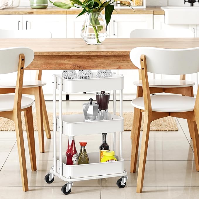 Simple Houseware 3-Tier Utility Cart, Low 24" Height Fits Under Desk, White | Compact & Lower Height Great for Under-Desk Space-Saving Storage for Home Office, Dining Room, or Kitchen