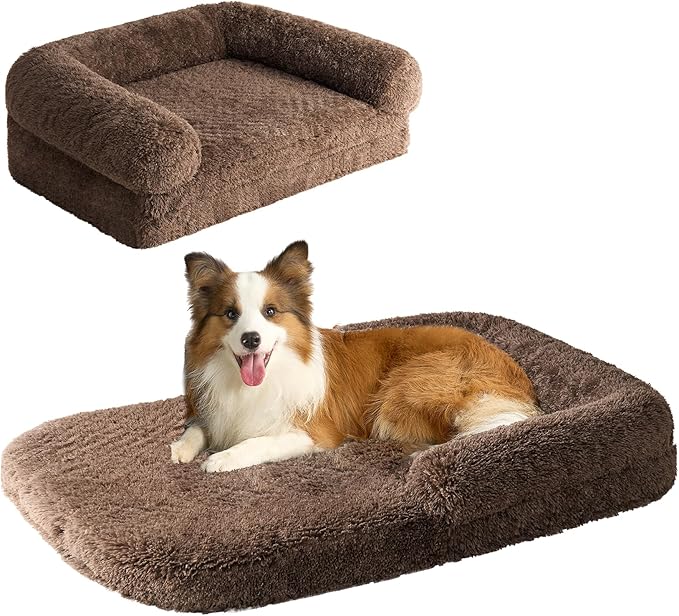 EHEYCIGA Foldable XXL Dog Bed for Large Sized Dog - 54x38x7.5, Brown | Faux Fur Fluffy Pet Couch Bed, Orthopedic Calming Memory Foam Big Pet Bed, Washable Pet Sofa Bed with Non-Slip Bottom