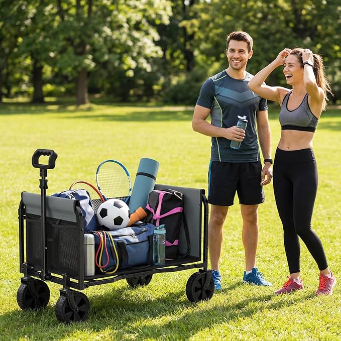 Portable Collapsible Wagon Cart, Foldable Cart with Removable Side, Utility Groceries Wagon for Dogs Pets Camping Beach Shopping Sports Gardeing Fishing, Dark Black