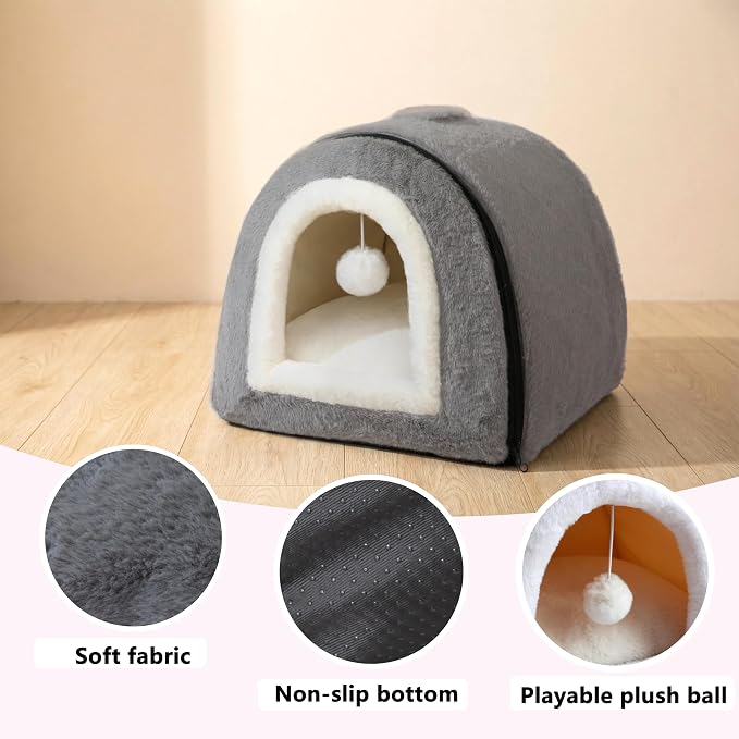 Cat Bed for Indoor Cats，Foldable cat cave，Anti-Slip & Water-Resistant Bottom，cat Houses for Indoor Cats or Small Dogs, Kitten Tent, Rabbit Bed (Dark Grey, L:(17.5"×16.9"×15.9"))