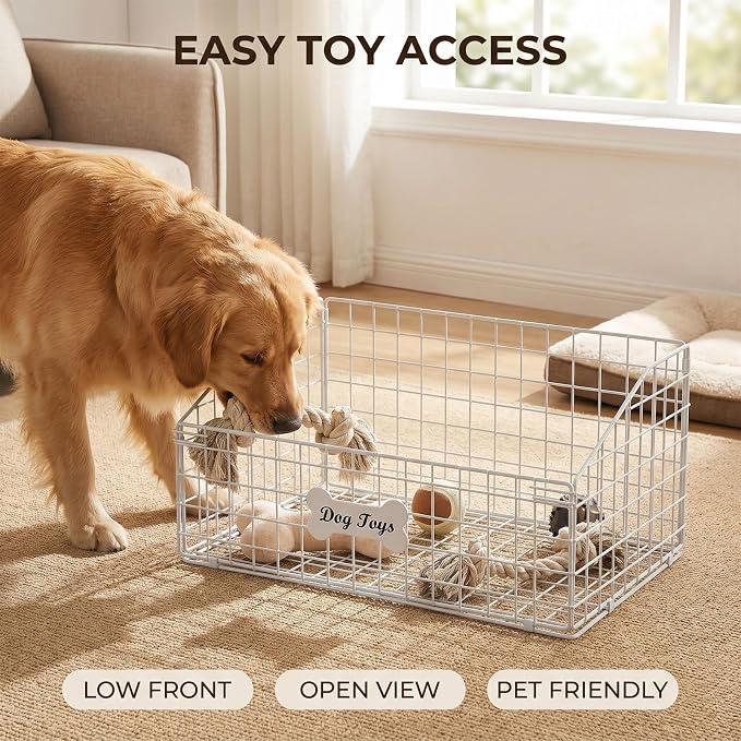 Metal Dog Toy Basket,White Pet Toy Organizer with Bone Label | Dog Toy Basket, Dog Toy Bin, Dog Toy Box