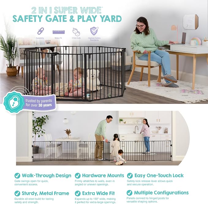 Regalo Safety 24"-192" Metal 2-in-1 Super Wide Baby Gate & Play Yard