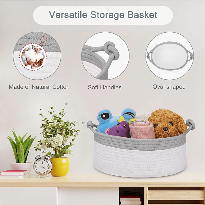 COMSE Small Gift Basket Empty with Bag & Ribbons, Cool Gray & White | Cotton Rope, 12"x 8"x 5", Pet Toy Storage Organizer, Woven Basket for Birthdays, Baby Showers, Mother’s Day, Valentine’s Day