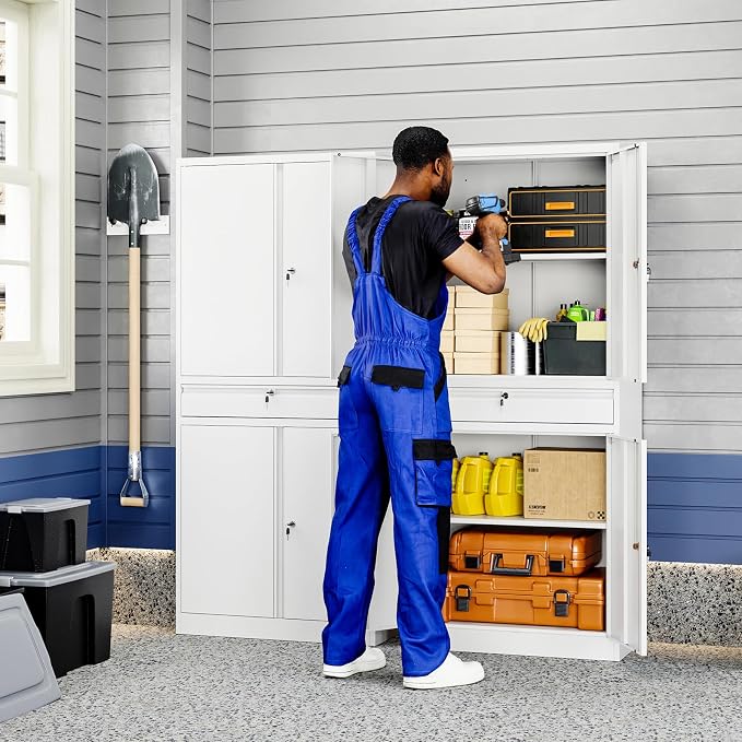 Metal Garage Storage Cabinet with Locking Doors and Adjustable Shelves, 71" Tool Storage Cabinet with 1 Drawer for Garage,Office,Warehouse (White)