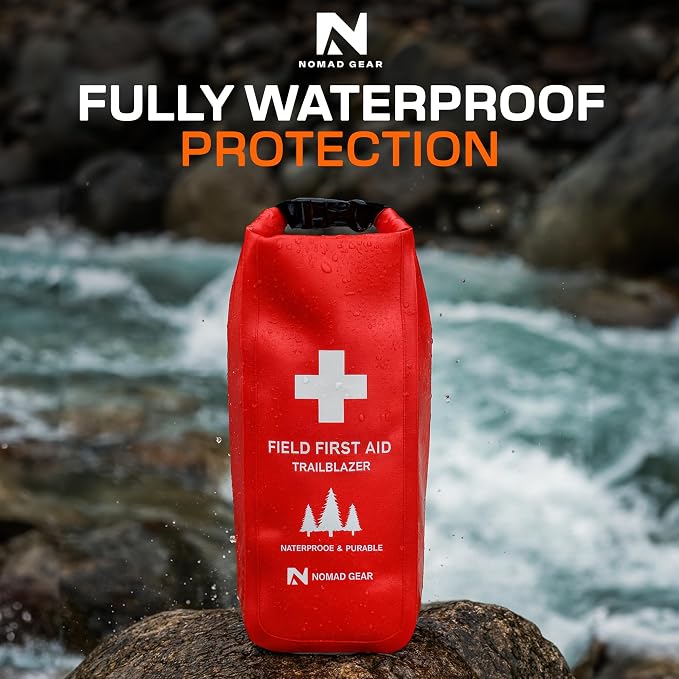 Waterproof First Aid Kit for Camping, Boating, Hiking – 64-Piece Outdoor Emergency Medical Bag with Roll-Top Closure by Nomad Gear