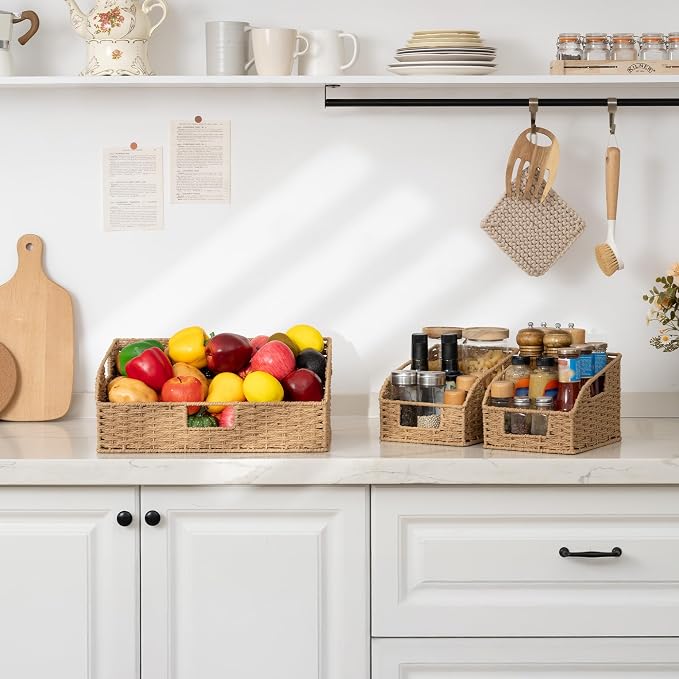 StorageWorks Paper Rope Shelf Baskets,Pantry Storage Baskets,Natural,3-Pack | Pantry Storage Baskets,Wicker Baskets with Handles,Handwoven Wicker Storage Baskets for Shelves,Pantry Organizers and Storage
