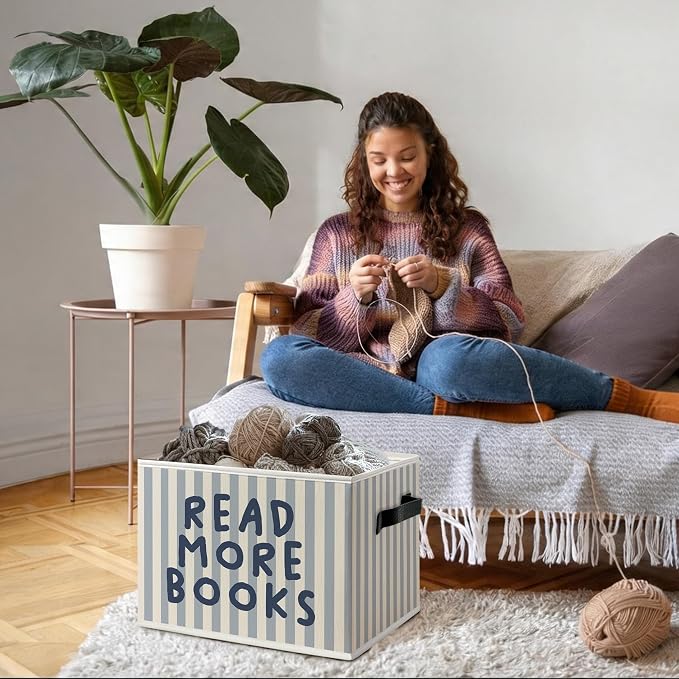 Reading Room Book Foldable Storage Bins Box with Handles, Read More Books Blue Striped Decorative Storage Boxes Baskets Toybox Organizer for Library Reading Nook Corner Room Classroom