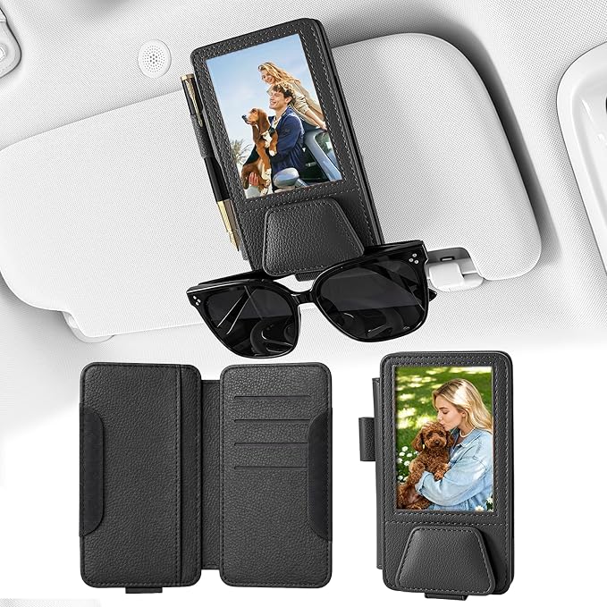 HOLDCY Car Visor Organizer with Registration Holder and Sunglasses Clip | Black PU Faux Leather With Photo Window, Flip-Open Card Storage, Slim Profile And Tool-Free Setup; 1 Piece