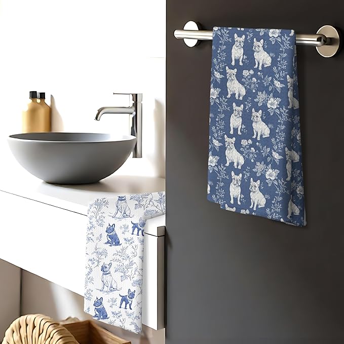 Chinoiserie French Bulldog Kitchen Towels, Blue and White Floral Botanical Grandmillennial Dog Decor Dish Tea Towels, French Bulldog Gifts Hand Towels for Kitchen Bathroom, 16x24 Inch