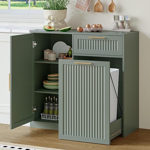 Single 13 Gallon Pull Out Trash Can Cabinet with Storage Cabinet,Green | Pet Proof Hidden Garbage Can Cabinet,3-Tier Shelves,Fluted Design,Extra Drawer Space,Kitchen & Dining Room Organization