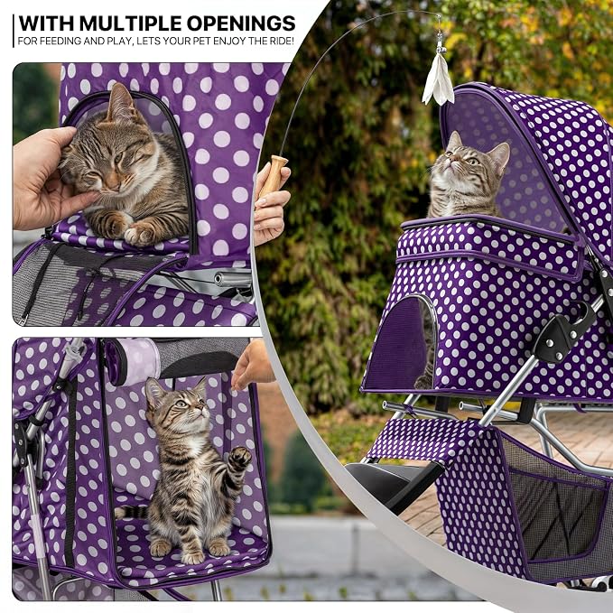 MoNiBloom Pet Stroller for Small/Medium Dogs and Cats, Purple Polka Dots | Foldable Dog Stroller 3 Wheels Pet Strolling Cart w/ Storage Basket Cup Holder, Breathable and Visible Mesh for All-Season