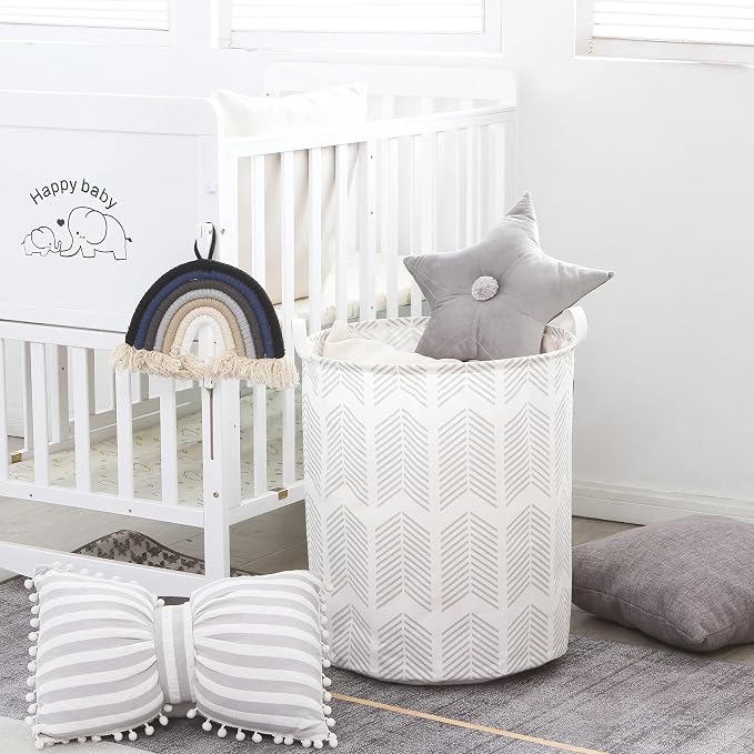 Sea Team Large Canvas Laundry Basket with Handles, Gray Fishbones | Collapsible Fabric Laundry Hamper, Closet Shelf Organizers, Containers for Clothing, Blankets, Toys, Bedding, 19.7 x 15.7”