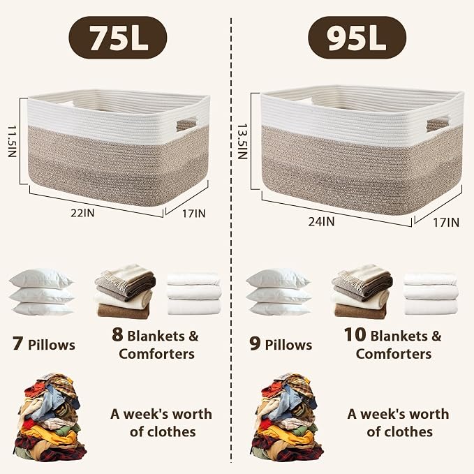 Optish 75L Large Woven Blanket Basket, Storage Basket with Handles | Sturdy Cotton Rope Basket Organizer Blanket, a lot of Toys, Comforter, Pillows, Bedroom, Living Room, Bathroom, Easy to Carry