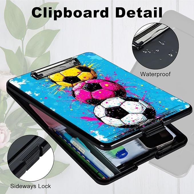 Heavy Duty Storage Clipboard, Slim Nursing Clipboard with Internal Pen Case, Portable File Organizer Case for A4 Letter Size Paper Office Medical Professionals, Soccer Painting