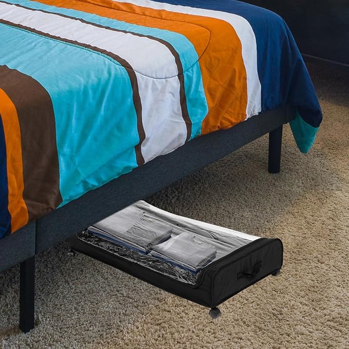 Veemoon Bed Storage Organizer with Wheels, Large Iron Frame Rolling Drawer with Lid and Fabric Base, Clothes and Shoe Storage Rack for Bedroom and Pet Organization
