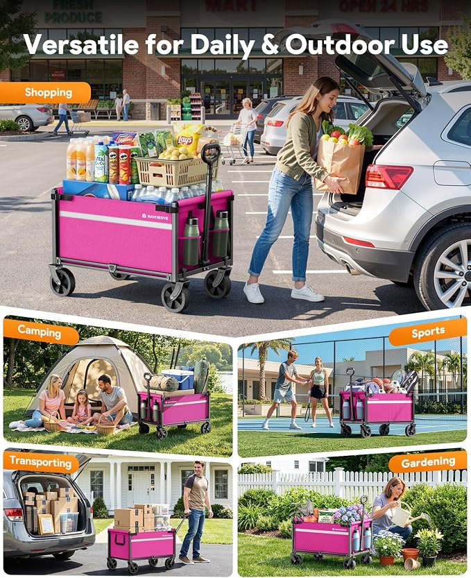 Collapsible Wagon Cart with Wheels, 220LBS for Grocery Shopping Camping | 110L Capacity Wagons Carts Foldable,220LBS Heavy Duty Wagon Carts, Lightweight Portable Utility Cart,All-Terrain Wheels