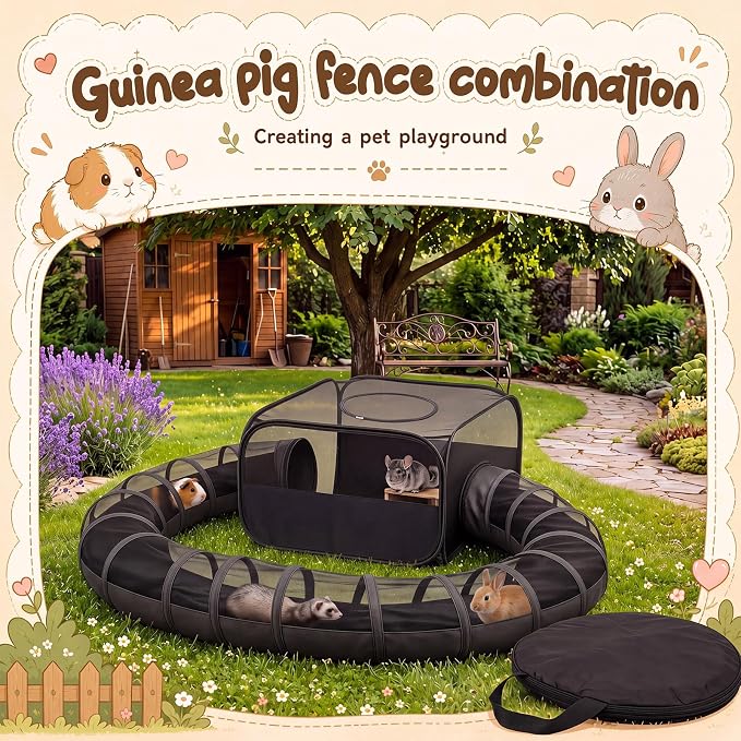 Lewtemi Guinea Pig Playpen with Tunnel 27.5x27.5x16.5 Inch, Breathable Mesh Rabbit Playpen for Bunny Hamster Ferret Chinchilla, Foldable Small Animal Enclosure Indoor Outdoor with Carry Bag, Black