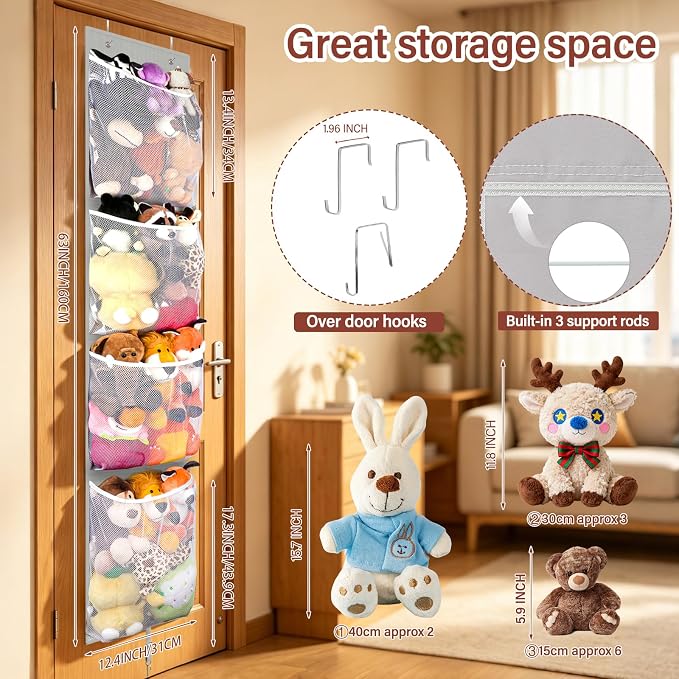 Stuffed Animal Storage Over Door, Hanging Plush Toy Organizer Holder | Gray Baby Doll & Bear Accessory Storage Idea, 12 Inch Wide Mesh Bag, Bi-Fold Behind Door Nursery Closet Girl Boy Kid Room