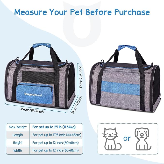 BurgeonNest Pet Carrier for Large Cats up to 25 lbs with Unique Side Bag | Soft-Sided Top Load Pet Crate for Big Cats Small Dogs, Stable Steel Frame with 4 Ventilated Windows, Car Travel, Large Blue