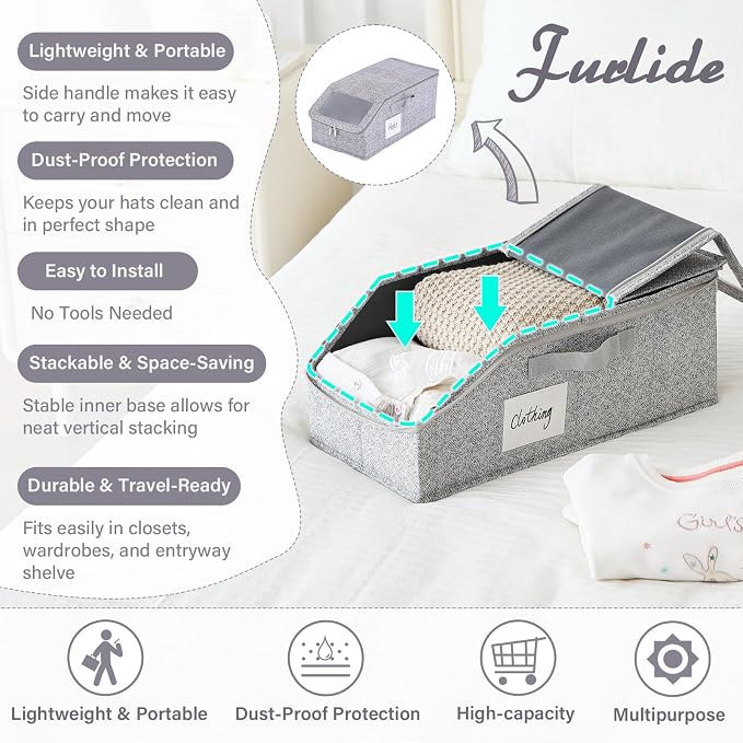 Furlide Hat Organizer for Baseball Caps, 2 Pack Stackable Storage Boxes | Protects 24-30 Caps From Dust and Pet Hair; Stackable Base, Clear Window, Front Opening and Handles Simplify Closet Storage.