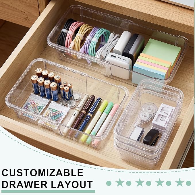 PrecisionAuto Expandable Drawer Organizer Set | Clear PET Plastic Desk Dividers for Office, Kitchen, Bathroom, and Vanity, Adjustable, Multi-Size Storage Bins Space-Saving