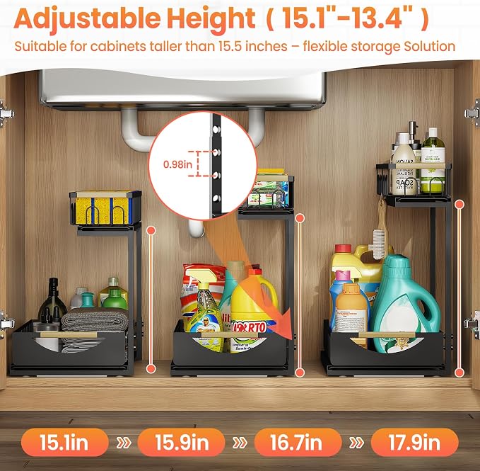 Under Sink Organizer and Storage for Bathroom and Kitchen - 2 Pack 2 Tier | Cabinet Pull Out Shelf Organizers - Slide Out Drawer Organization for Home Cabinets Shelves and Drawers