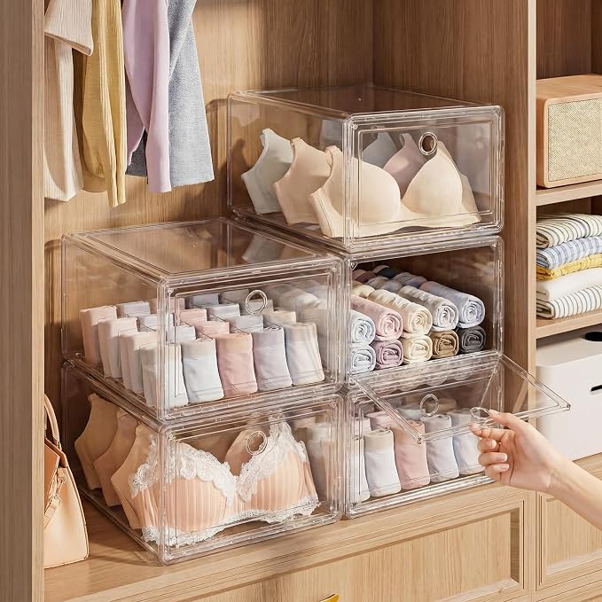 10 Pack Stackable Clear Storage Bins with Front Door 5-sided Transparent Organizer Boxes Plastic Storage Containers for Clothes, Toys, Classroom Supplies, and Home Organization