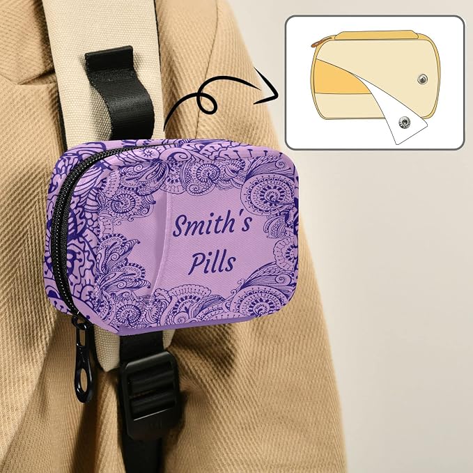 Custom Pill Box 7 Day Pill Case Bag Purple Floral Paisley Personalized Name Travel Pill Organizer Bag with Zipper Portable Weekly Case Compact Size for Vitamin Supplement Holder