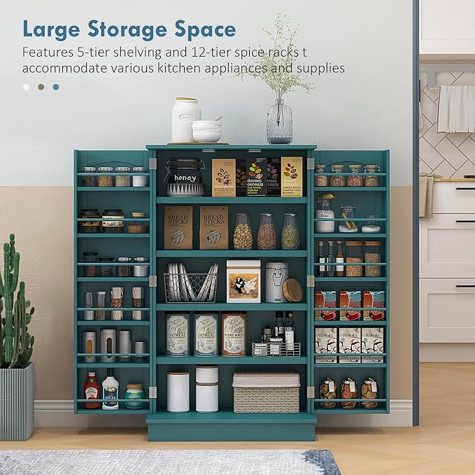HOMCOM 41" Kitchen Pantry Storage Cabinet 12 Door Shelves Double Doors Blue | Freestanding Kitchen Cabinet, 2 Doors, 5-Tier Shelving, Adjustable Shelves