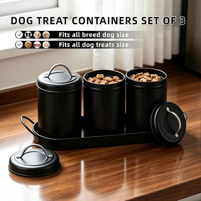 Dog Treat Container Airtight Set with Lid, 3 Dog Treat Jar with Tray | Metal Black Dog Food Storage Container with Labels & Marker, Dog & Cat Treat Holder, Easy Open Lid & Easy Carry Handles