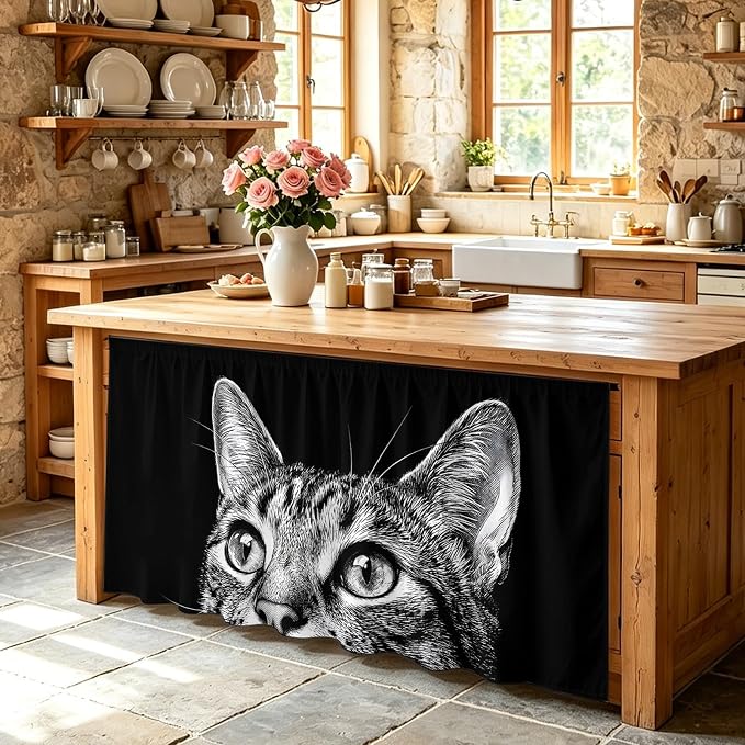Cute Cat Cabinet Curtain 32"Wx55"L, Dustproof Pantry Door Curtain with Self Adhesive Tape, Vintage Funny Pet Cat Portrait Black Tall Storage Cover Privacy Drape for Bathroom Kitchen Laundry Room