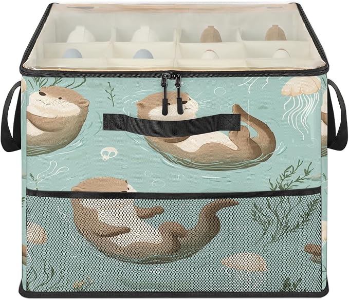 TropicalLife Cute Floating Otters Shoe Organizer for Closet | Jellyfish Seaweed Foldable Shoe Storage Organizer Box Bin with Adjustable Dividers and Clear Cover, Fits up to 16-32 Pairs