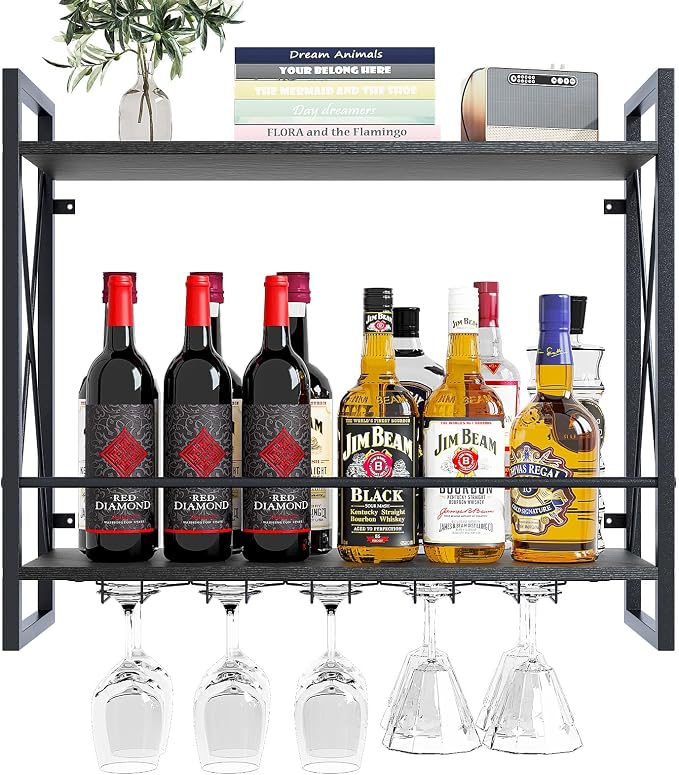 Dokser Wine Rack Wall Mounted 2 Tier Shelf Wine Bottle Holder for Kitchen | Black 2 Tier Wall Wine Rack with Rustic Wood & Industrial Iron Frame, Wine Bottle Holder for Dining Room, Home Bar Decor