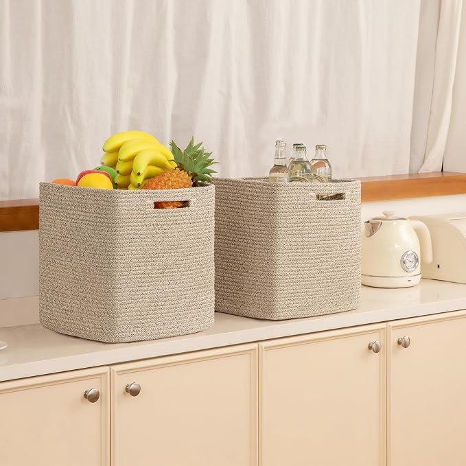 OIAHOMY 2 PACK Cube Storage Bin 11 Inch Collapsible Storage Cube Brown | Cube Storage Organizer Storage Bins for Shelves Baskets for Organizing Woven Rope Storage Baskets