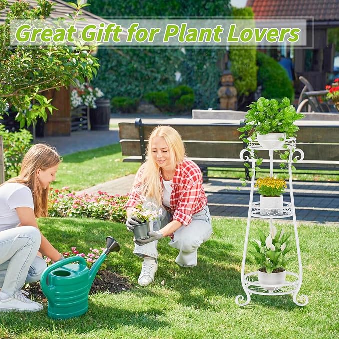 KMOTASUO 3 Tier Metal Plant Stand Tall for Indoor Outdoor Corner, White | Heavy Duty Flower Holder Rack, Modern Vertical Iron Shelf for Patio Bathroom Office Garden