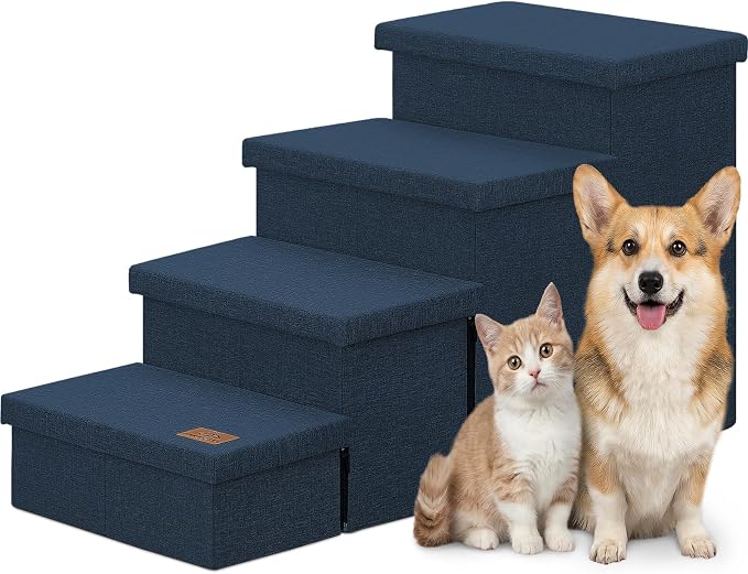 Zerbuger Dog Stairs with Storage, Navy Blue 4 Steps Dog Ramp no Condo | 23" H Wider Dog Steps for High Beds Couch, Folding Storage Pet Stairs Gift for Climbing Small/Medium/Large Old Dogs Cats