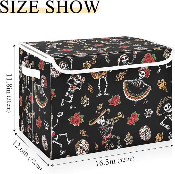 Storage Bins with Lid Gothic Skull Rose Foldable Storage Boxes 40L Baskets | Decorative Storage Boxes, 300D Oxford Cloth, Hollow Board Frame, Flip Top Velcro Lid, 16.5x12.6x11.8 inch, Collapsible Design