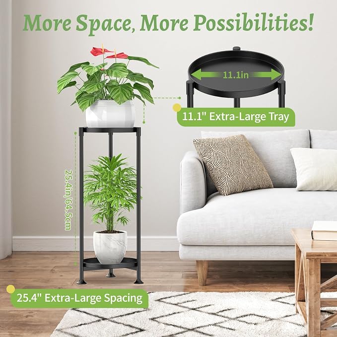 KMOTASUO 2 Tier Metal Plant Stand Tall for Indoor Outdoor Corner, Black | Heavy Duty Flower Holder Rack, Modern Vertical Iron Shelf for Patio Bathroom Office Garden