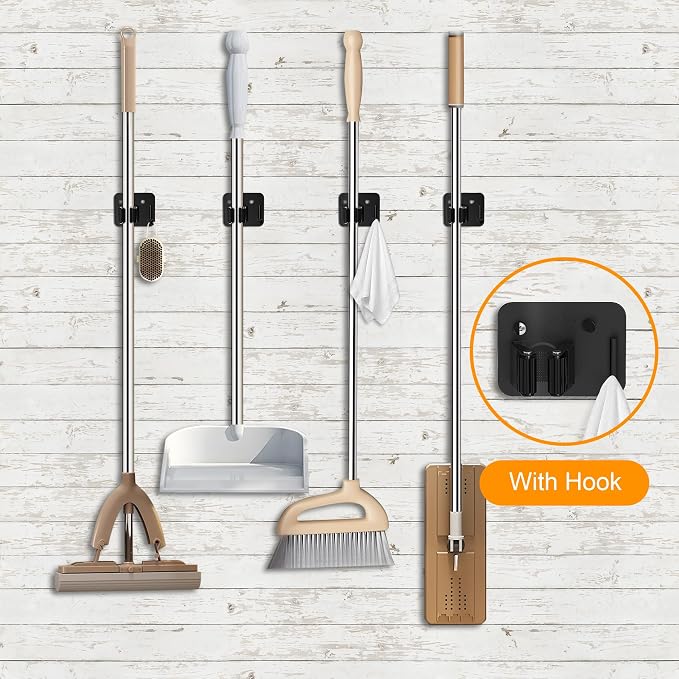 4 Pack Stainless Steel Heavy Duty Broom Holder Wall Mount with Hook, Black | Screw Drilling Broom and Mop Organizer Wall Hanging, Storage Rack for Laundry Garage Closet Garden Tool Organizer