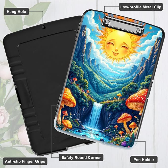 A4 Clipboard with Storage Pen Holder, Clipboards Organizer Nursing Clipboard Foldable File Folder Plastic Clipboard Folio Clip Board for Office Work Classroom Doctor, Stream Sun Mushroom