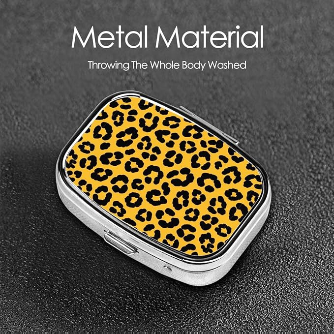 Pocket Pill Box Compact Metal Vitamin Organizer Leak-Proof Design Men Women Commute Essentials, Wild Animal Cheetah Leopard Print Yellow