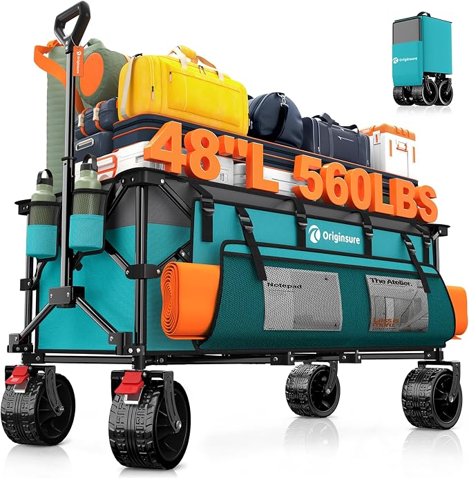 Originsure 300L Beach Wagon Cart Foldable with Big Wheels,560lbs,Turquoise | 48" Folding Utility Wagon,7" All-Terrain Wheels,Heavy Duty Frame,Compact&Space-Saving,for Camping,Sports,Grocery,Garden