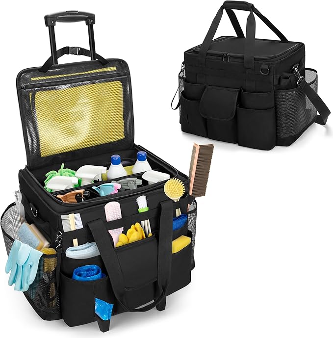 LoDrid Rolling Cleaning Caddy with Lid and Detachable Trolley, Black | Cleaning Supplies Organizer, Cleaning Caddy Cart on Wheels with Handle and Shoulder Strap for Housekeepers