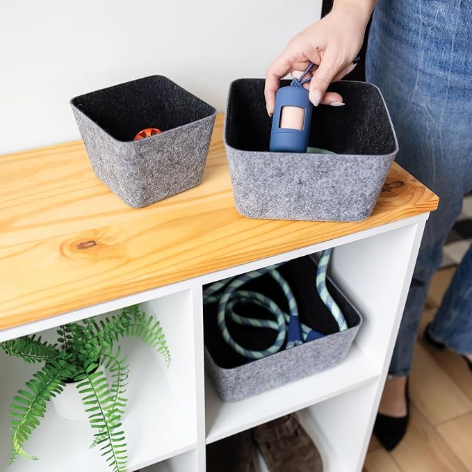 Three by Three Seattle Tapered Felt Storage Bins, 2-Pack, 9x9 (Charcoal) | Recycled felt tapered bins; soft non-scratch; 5"x5" fits most drawers; organize desk, office, bathroom, bedroom & entryway