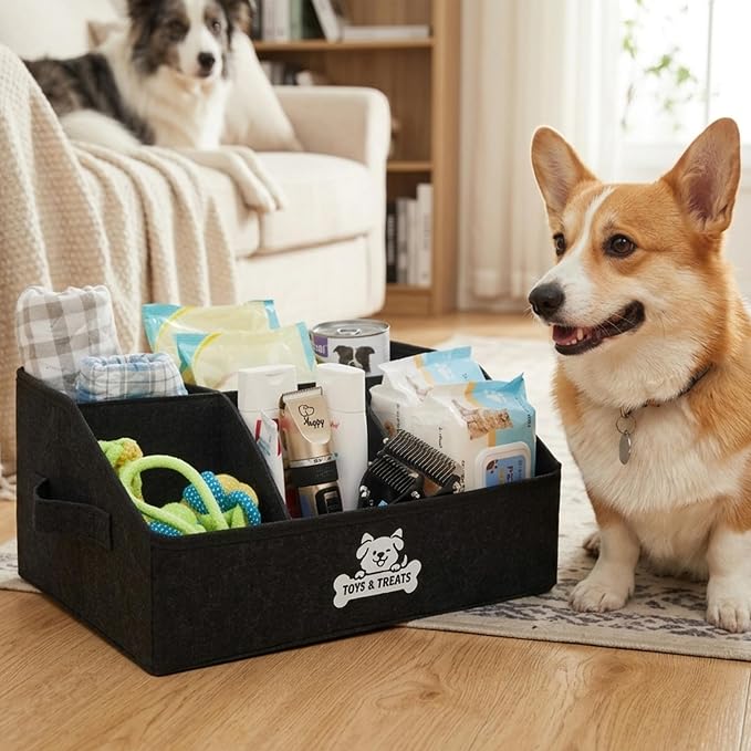 Dog Treat Container with Removable Dividers, Dog Treat Storage and Organizer for Countertop, Collapsible Pet Treats Containers, Dog Toy Basket for Pet Supplies and Treats (Dark Grey)