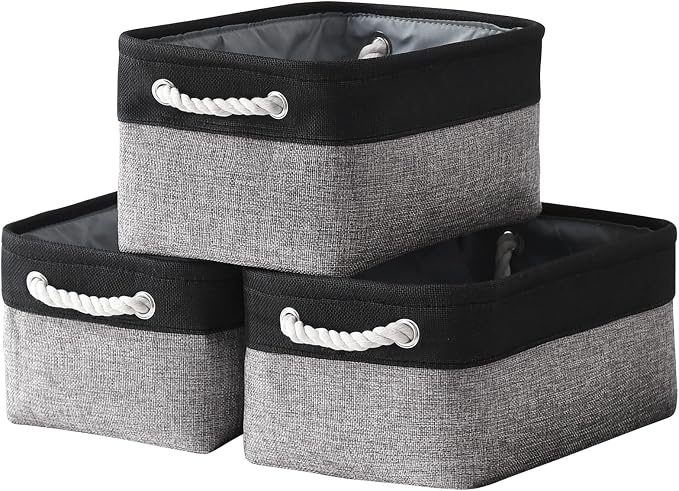 Storage Basket for Organizing - 14x10x7 inch Medium 3 Pack Collapsible Storage Bin for Shelves with Rope, Fabric Storage Cubes for Organizer Cloth Gift Toy Closet (Black & Grey)